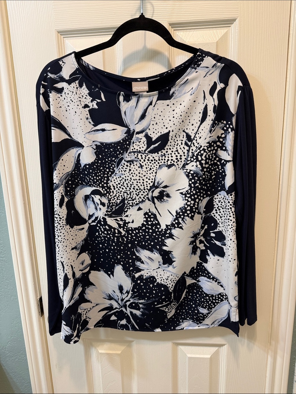 Chico's Navy and White Floral Long Sleeve Tee with Round Neck